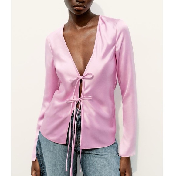 Zara Tops - NWT Zara Women Pink Satin Effect Tie Front Long Sleeve Blouse Coquette Romcom